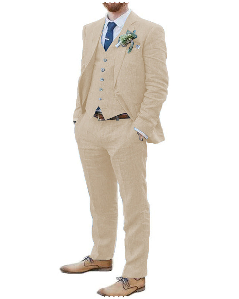 3 Pieces Suit - Fashion 3 Piece Men's Suit Flat Linen Notch Lapel (Blazer+Vest+Pants)