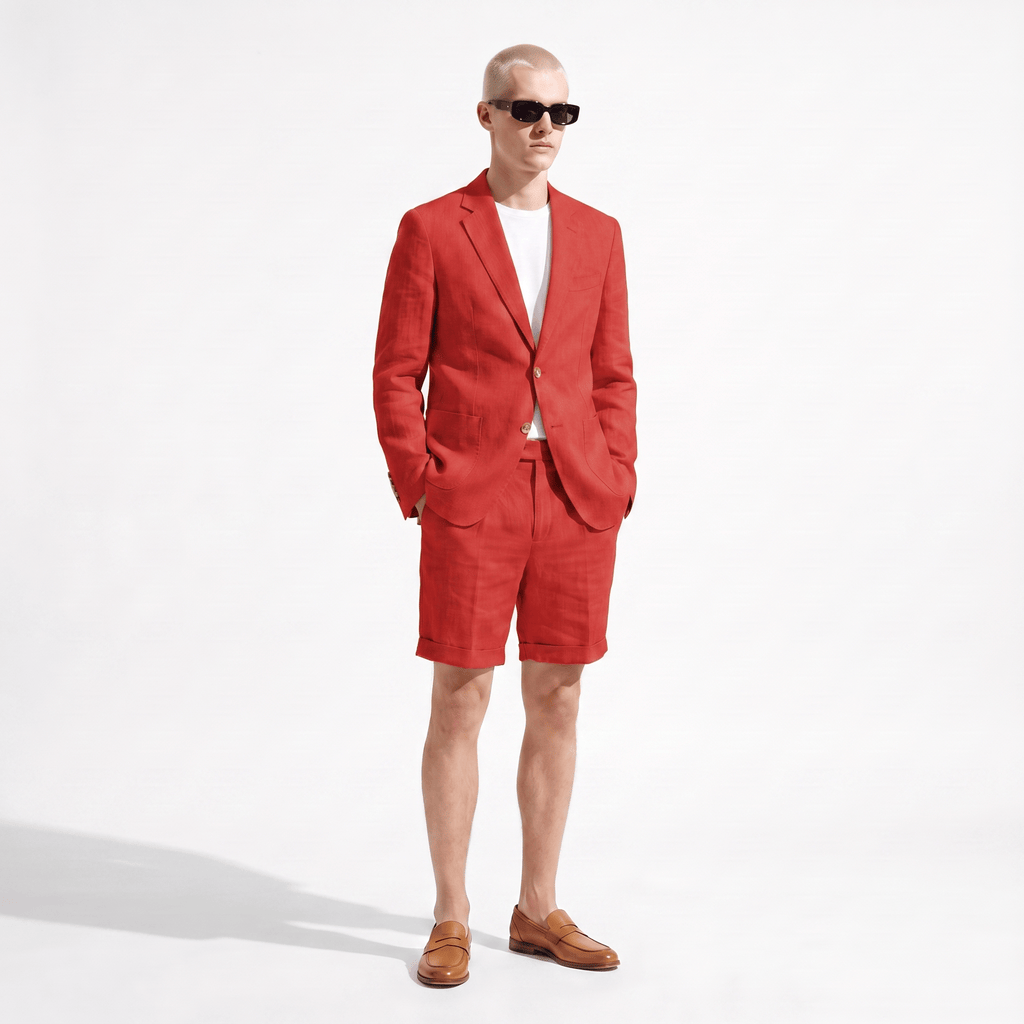 Tiavllya Tiavllya Leisure 2 Piece Men's Suit Flat Linen Notch Lapel Tuxedos (Blazer+Shorts)