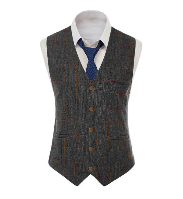 Suit Vest - Men's Casual Slim Fit Plaid Tweed V Neck Waistcoat