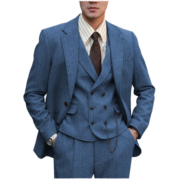 3 Pieces Suit - Fashion Men's 3 Piece Suit Herringbone Tweed Notch Lapel Tuxedos (Blazer+vest+Pants)