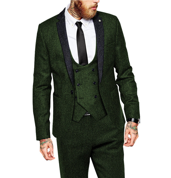 3 Pieces Suit - Classical 3 Piece Mens Suit Herringbone Notch Lapel Blazer (Blazer Vest+Pants)