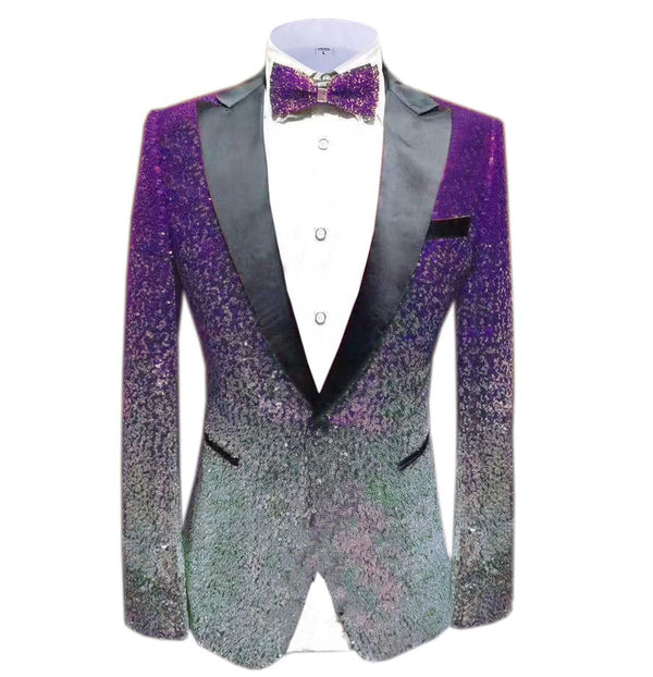 Blazer - Men Fashion Gradual Change Color Sequins Tuxedos Suit Peak Lapel Blazer