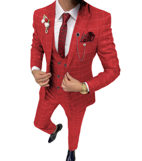 3 Pieces Suit - Formal Mens Suit 3 Pieces Plaid Peak Lapel Tuxedos (Blazer+Vest+Pants)