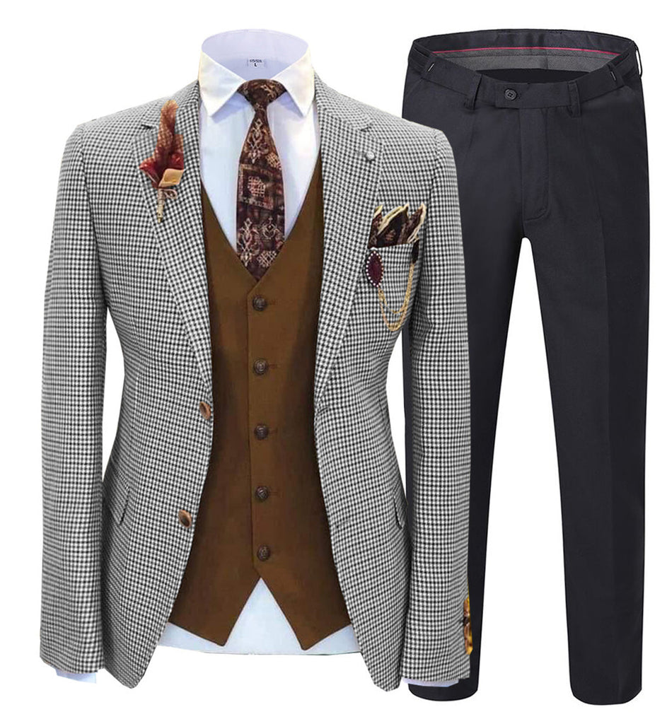 3 Pieces Suit - Fashion Men's 3 Pieces Houndstooth Notch Lapel Tuxedos (Blazer+vest+Pants)