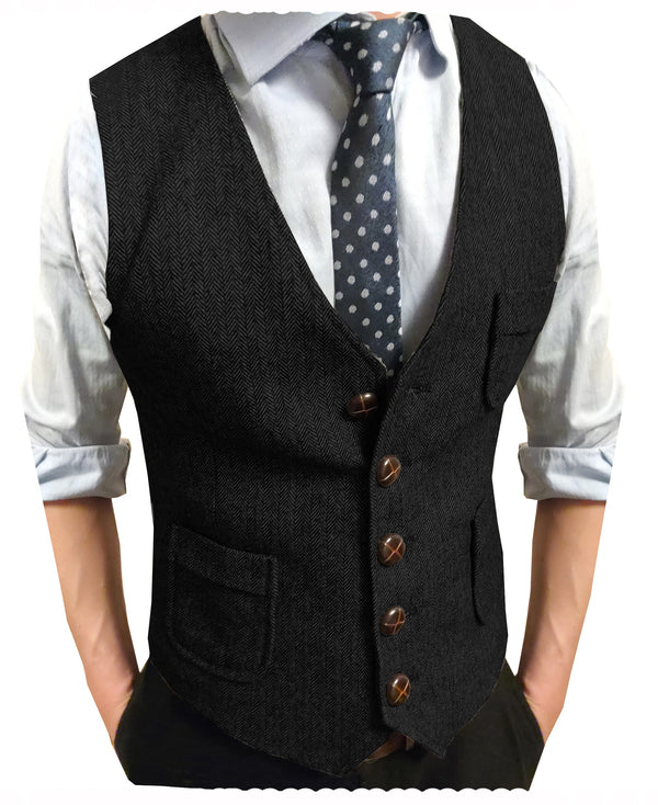 Suit Vest - Men's Slim Fit Tweed Herringbone V Neck Waistcoat