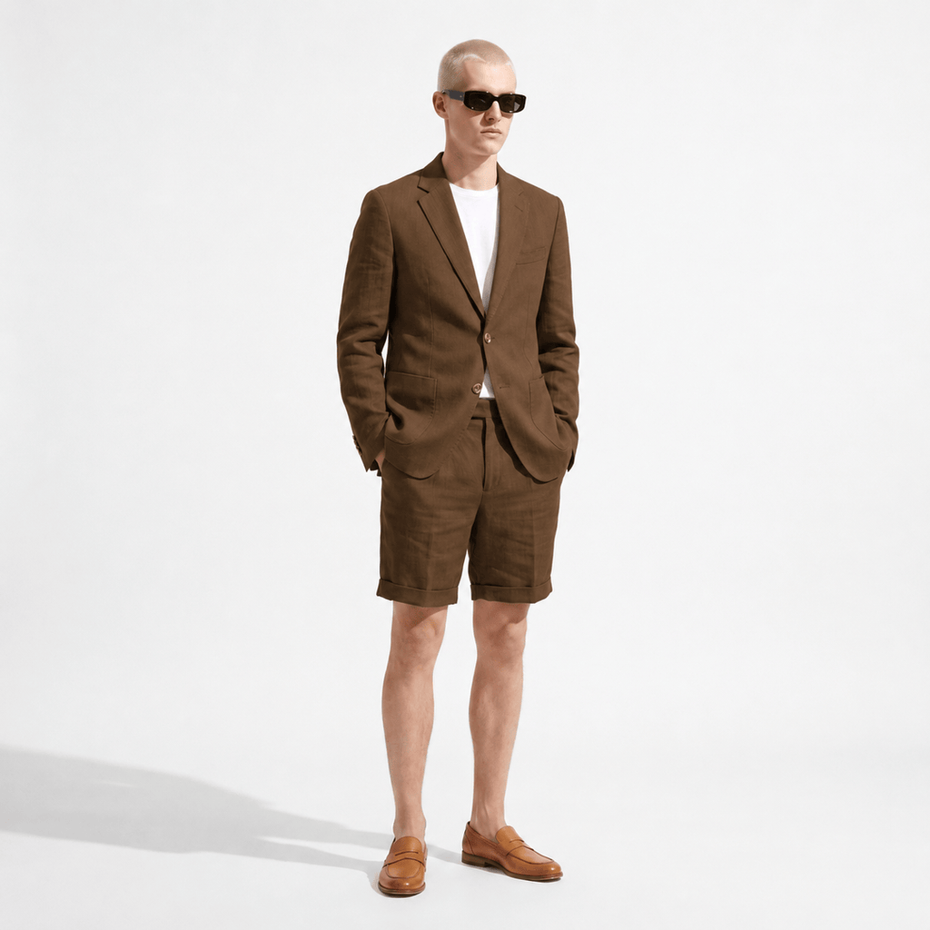 Tiavllya Tiavllya Leisure 2 Piece Men's Suit Flat Linen Notch Lapel Tuxedos (Blazer+Shorts)