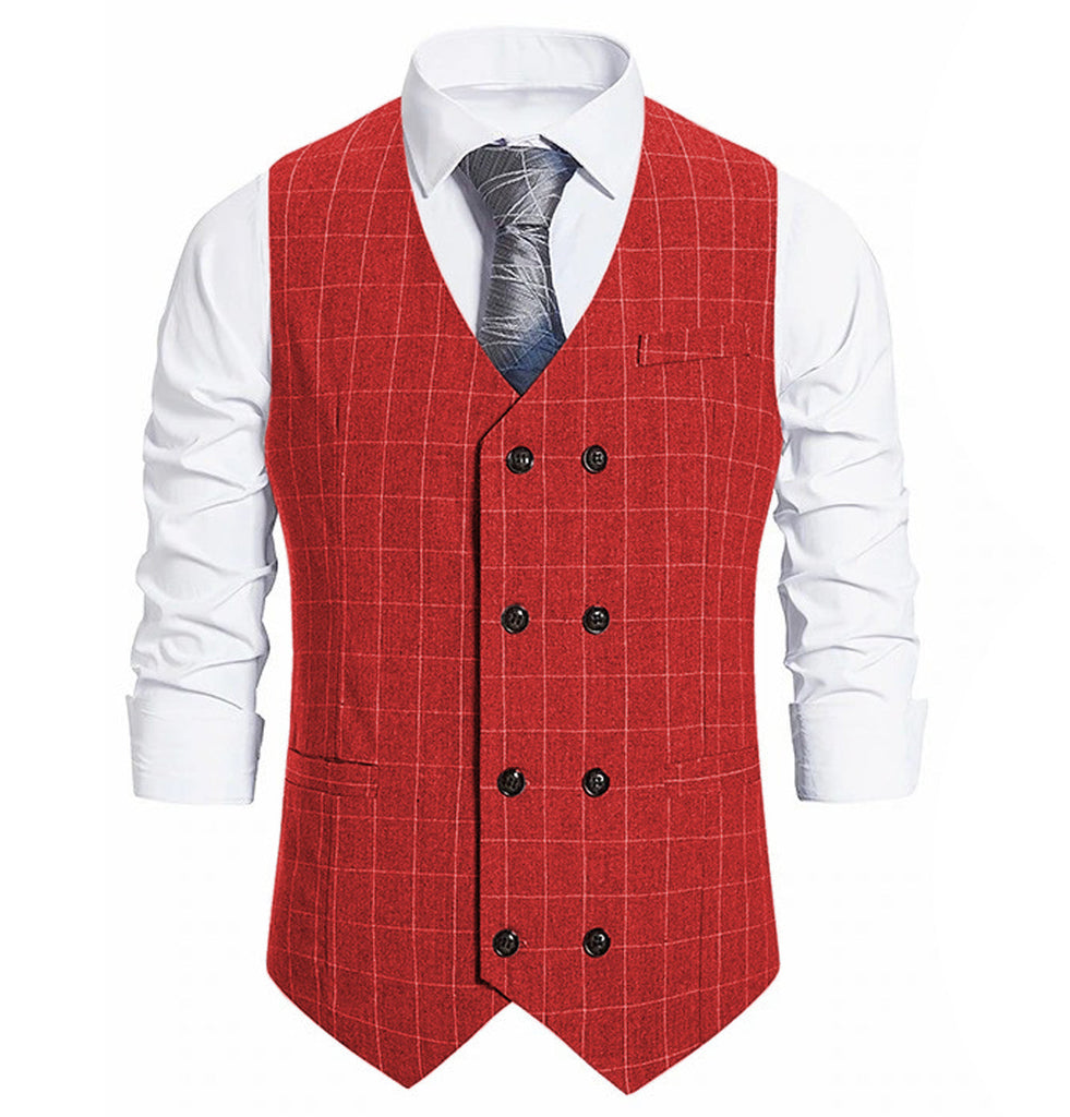Suit Vest - Fashion Mens Suit Vest Plaid Double Breasted Peak Lapel