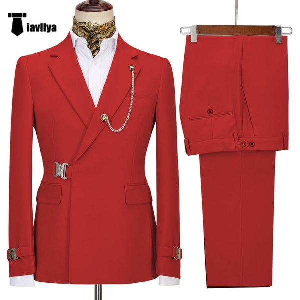 Tiavllya 2 Piece Men's Suit with Metal Clasp Slim Fit Suit Stylish Tuxedo Suit Set (Blazer+Pants)