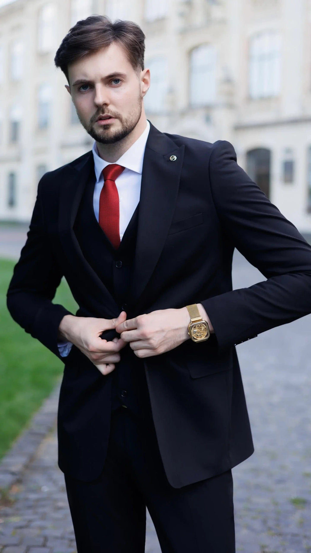 Tiavllya Business 3 Pieces Mens Suit Flat Peak Lapel Tuxedos (Blazer+vest+Pants)