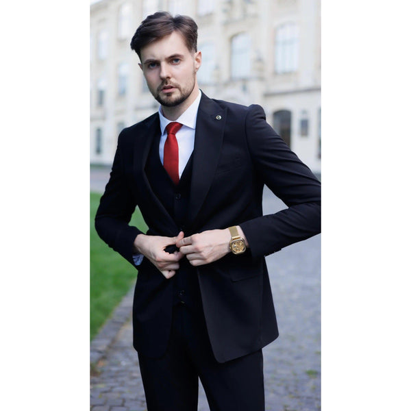 Tiavllya Business 3 Pieces Mens Suit Flat Peak Lapel Tuxedos (Blazer+vest+Pants)