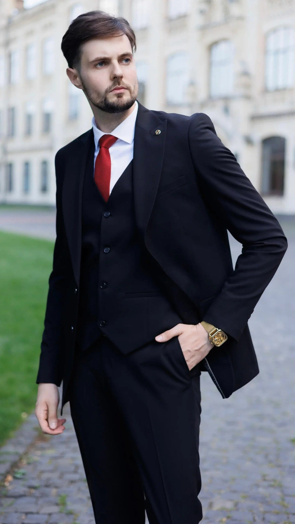 Tiavllya Business 3 Pieces Mens Suit Flat Peak Lapel Tuxedos (Blazer+vest+Pants)