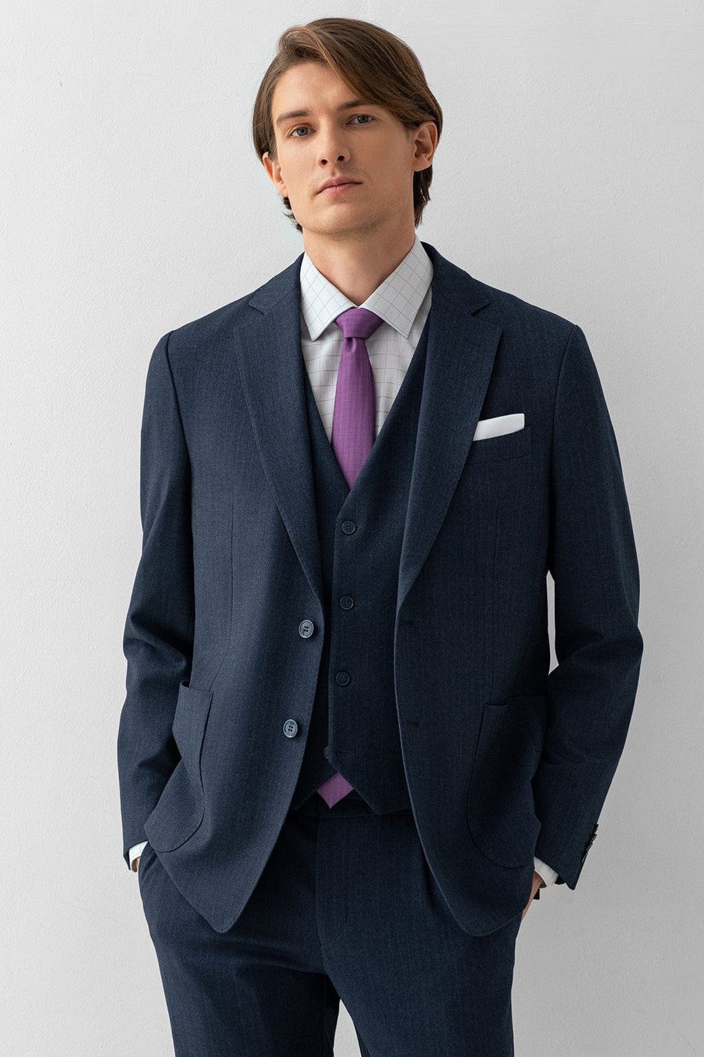 Tiavllya Business Men's Light Navy 3 Pieces Mens Suit Notch Lapel Flat Tuxedos (Blazer+vest+Pants)