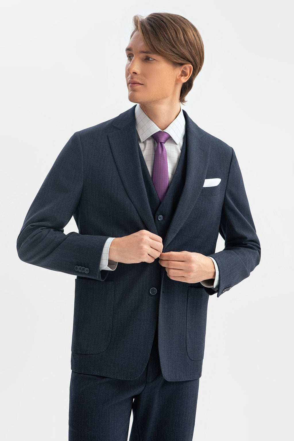 Tiavllya Business Men's Light Navy 3 Pieces Mens Suit Notch Lapel Flat Tuxedos (Blazer+vest+Pants)