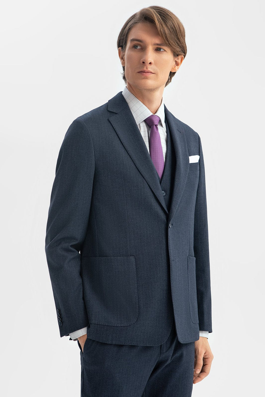 Tiavllya Business Men's Light Navy 3 Pieces Mens Suit Notch Lapel Flat Tuxedos (Blazer+vest+Pants)