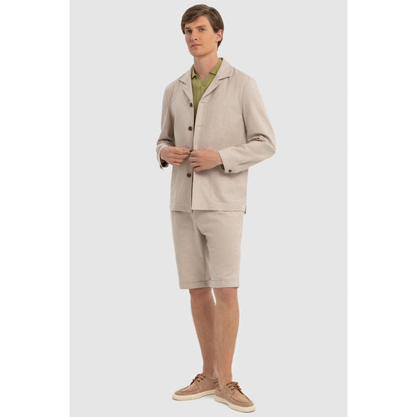 Tiavllya Casual 2 Piece Men's Beige Suit Flat Linen Notch Lapel Tuxedos (Blazer+Shorts)