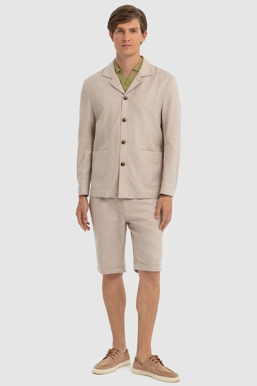 Tiavllya Casual 2 Piece Men's Beige Suit Flat Linen Notch Lapel Tuxedos (Blazer+Shorts)