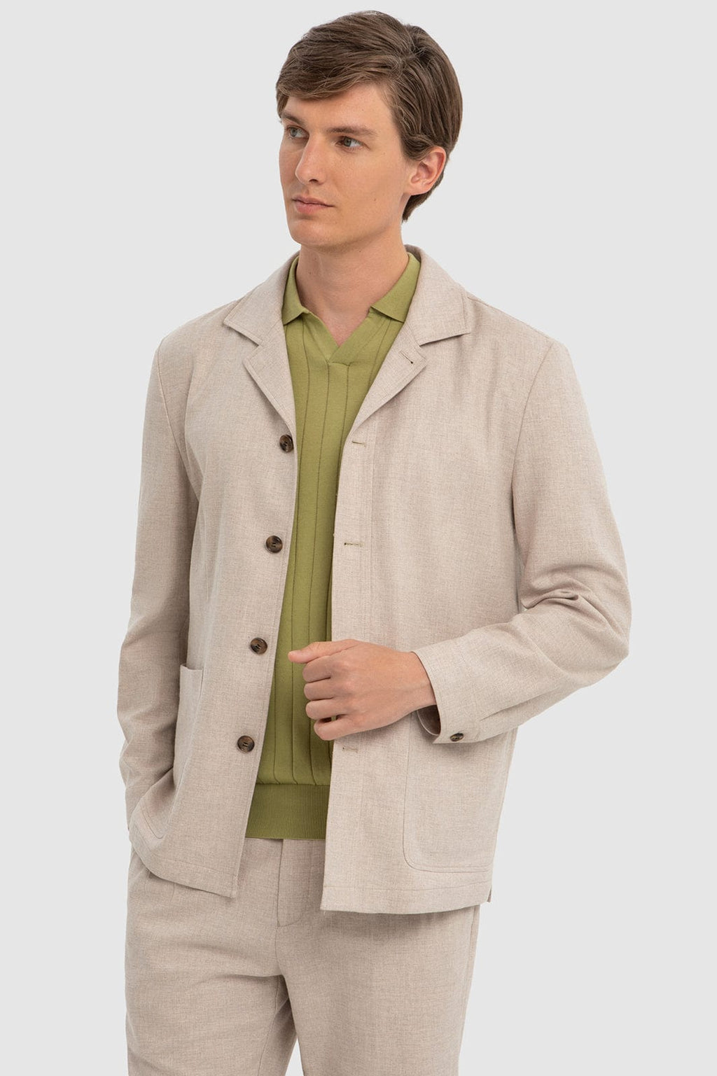 Tiavllya Casual 2 Piece Men's Beige Suit Flat Linen Notch Lapel Tuxedos (Blazer+Shorts)