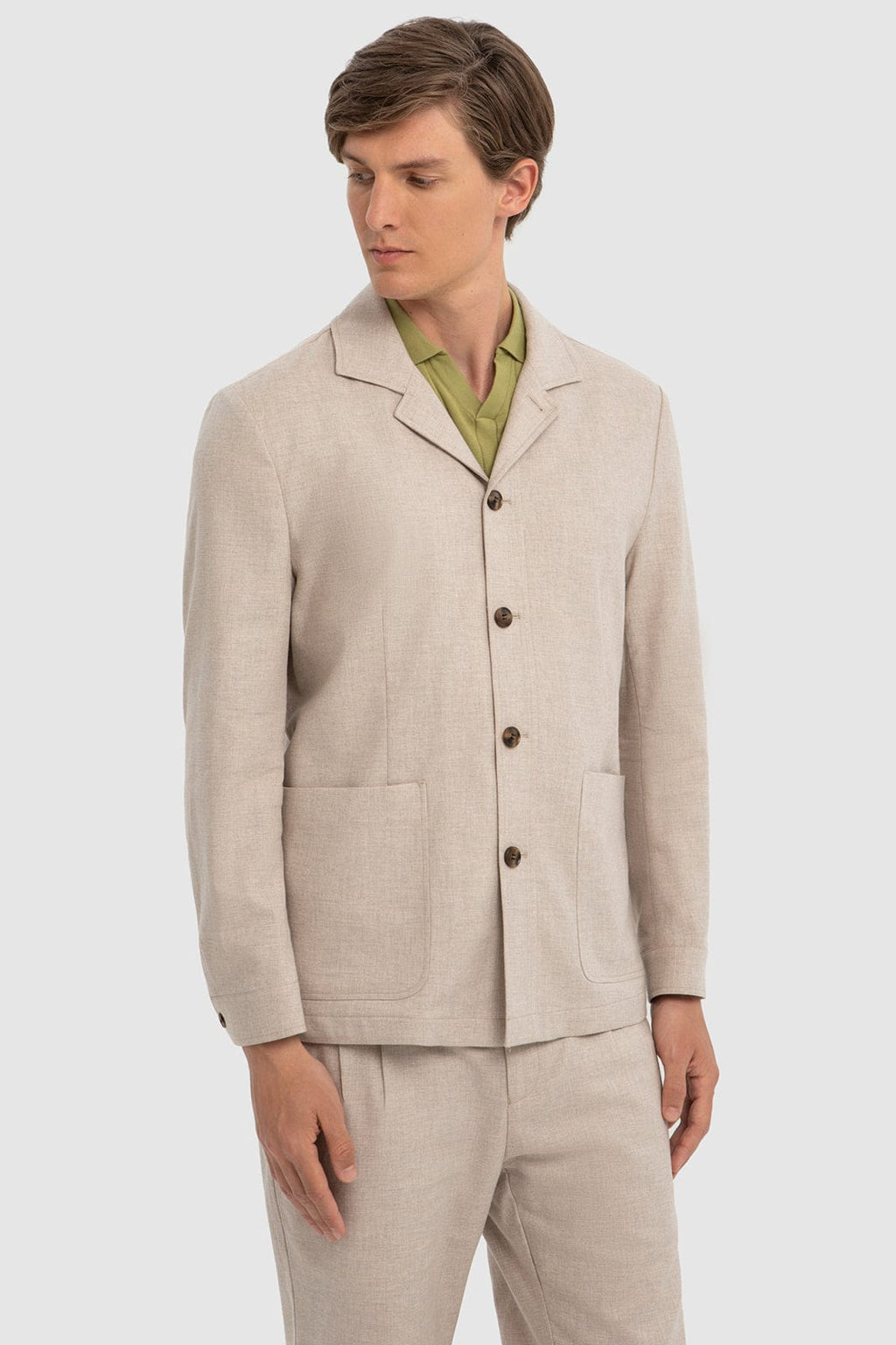 Tiavllya Casual 2 Piece Men's Beige Suit Flat Linen Notch Lapel Tuxedos (Blazer+Shorts)