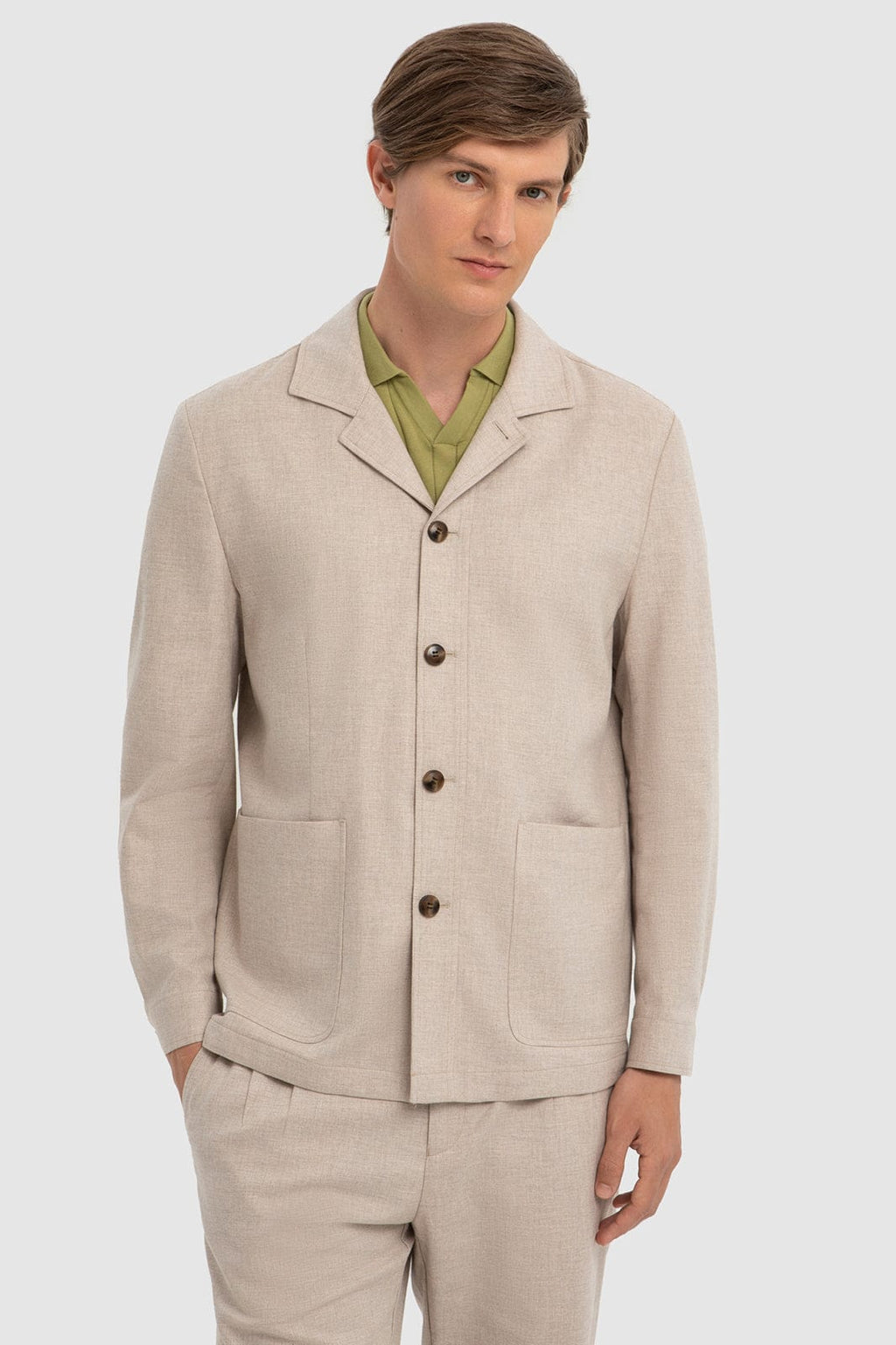 Tiavllya Casual 2 Piece Men's Beige Suit Flat Linen Notch Lapel Tuxedos (Blazer+Shorts)