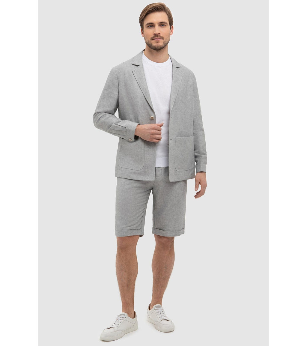 Tiavllya Casual 2 Piece Men's Silver Suit Flat Linen Notch Lapel Tuxedos (Blazer+Shorts)
