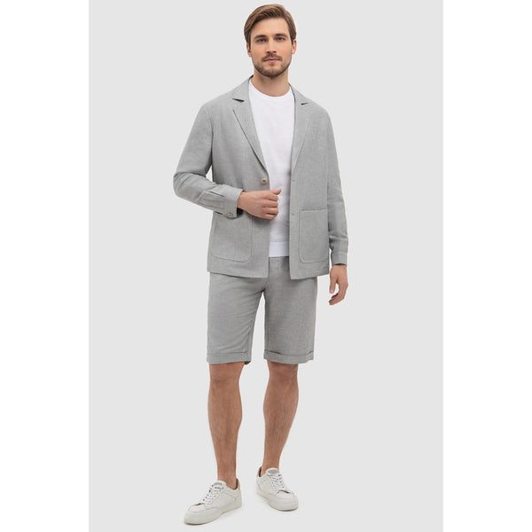 Tiavllya Casual 2 Piece Men's Silver Suit Flat Linen Notch Lapel Tuxedos (Blazer+Shorts)
