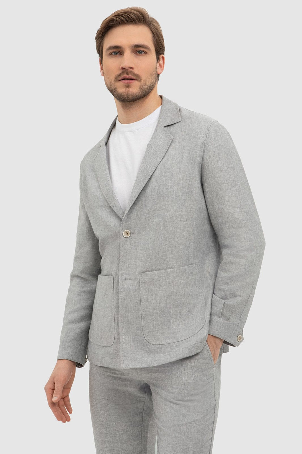 Tiavllya Casual 2 Piece Men's Silver Suit Flat Linen Notch Lapel Tuxedos (Blazer+Shorts)