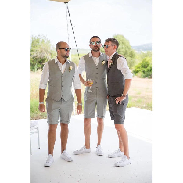 Tiavllya Casual 2 Piece Men's Suit Flat Linen Notch Lapel Tuxedos (Vest+Shorts)