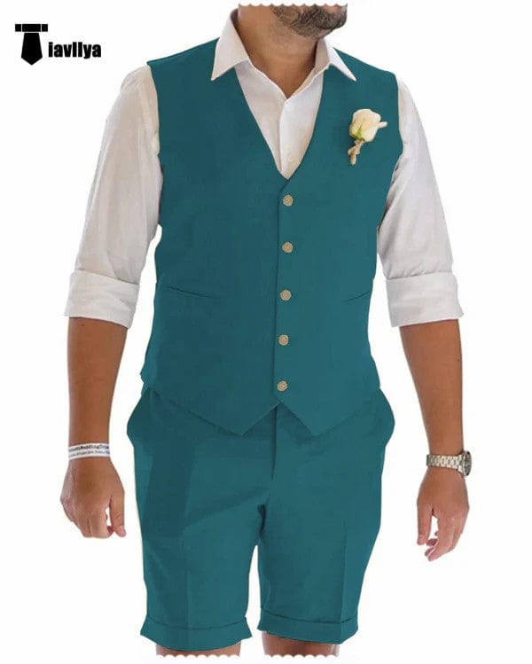 Tiavllya Casual 2 Piece Men's Suit Flat Linen Notch Lapel Tuxedos (Vest+Shorts)
