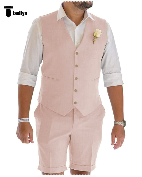 Tiavllya Casual 2 Piece Men's Suit Flat Linen Notch Lapel Tuxedos (Vest+Shorts)