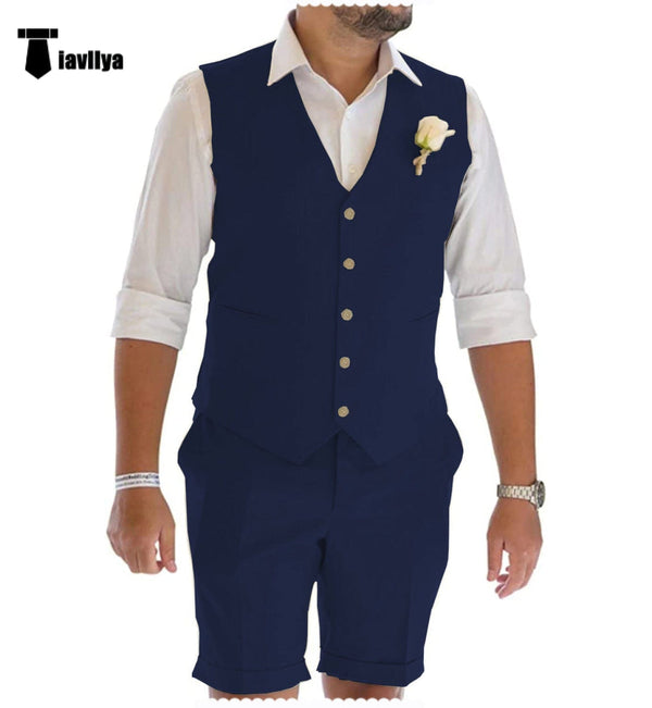 Tiavllya Casual 2 Piece Men's Suit Flat Linen Notch Lapel Tuxedos (Vest+Shorts)