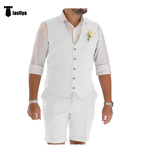Tiavllya Casual 2 Piece Men's Suit Flat Linen Notch Lapel Tuxedos (Vest+Shorts)