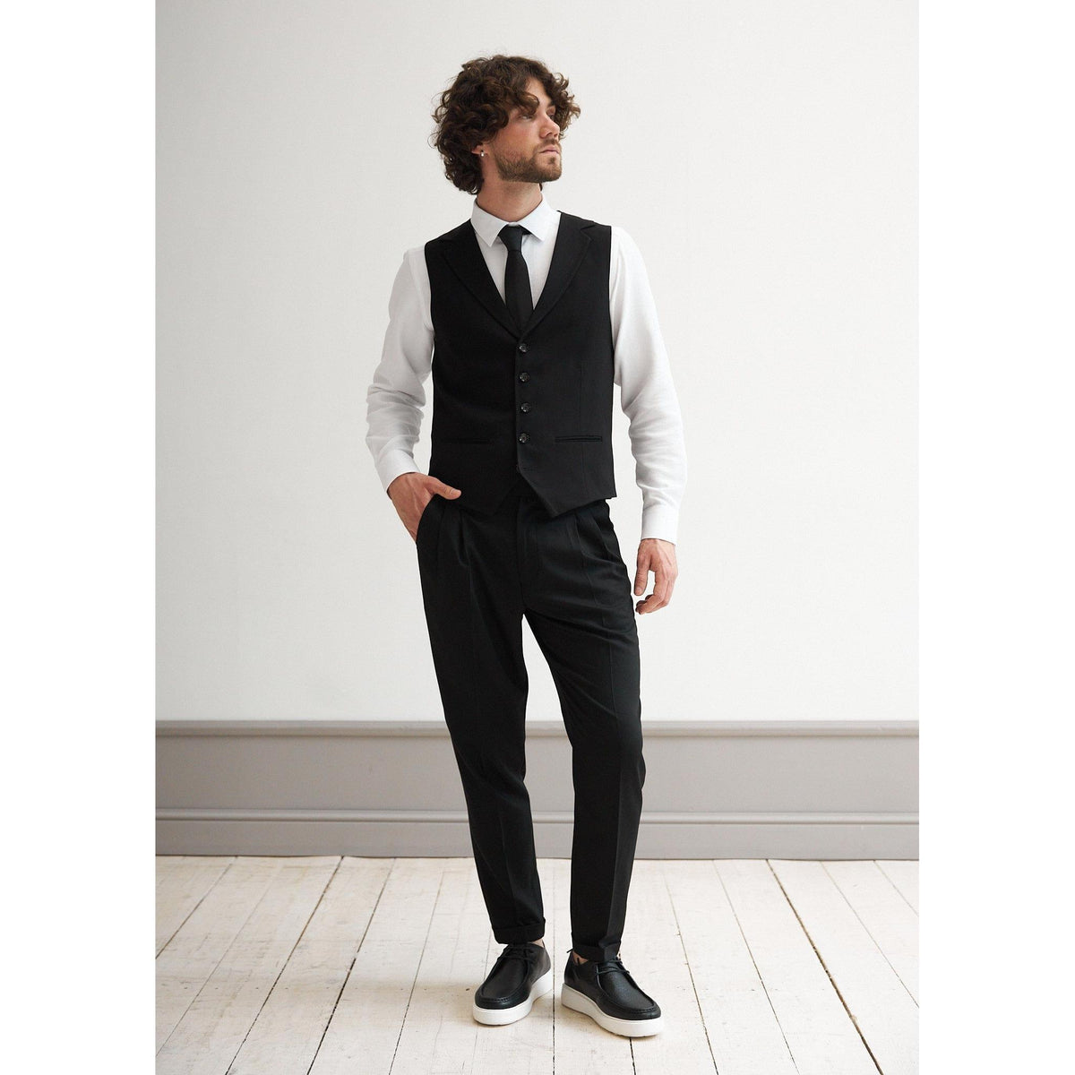 Casual 2 Pieces Mens Black Suit Flat Notch Lapel Vest Suit For Wedding (Vest + Pants) Black / L