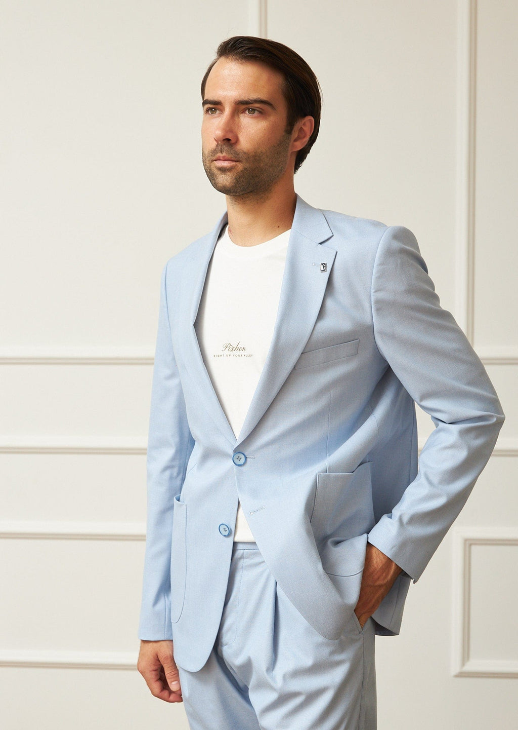 Tiavllya Casual 2 Pieces Mens Light Blue Suit Flat Notch Lapel Tuxedos For Wedding (Blazer+Pants)