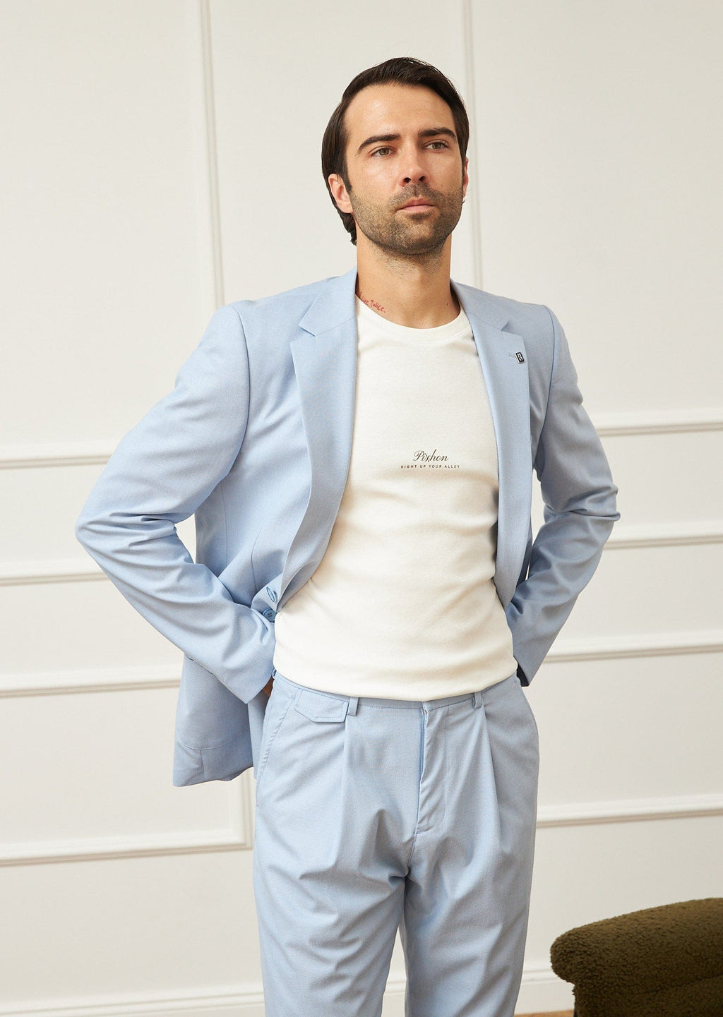 Tiavllya Casual 2 Pieces Mens Light Blue Suit Flat Notch Lapel Tuxedos For Wedding (Blazer+Pants)