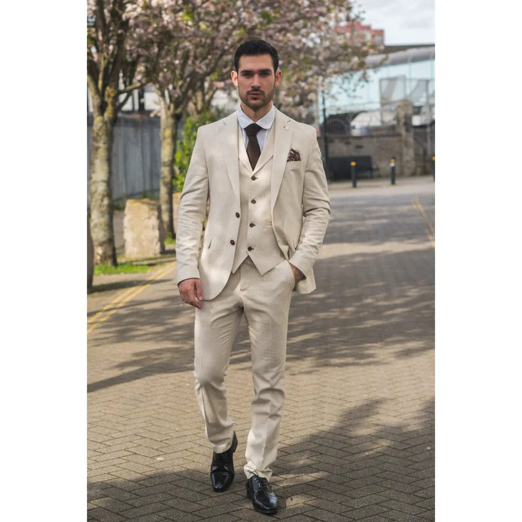 Casual Men's 3 Pieces Mens Suit Notch Lapel Linen for Wedding (Blazer+Vest+Pants) Ivory / XL
