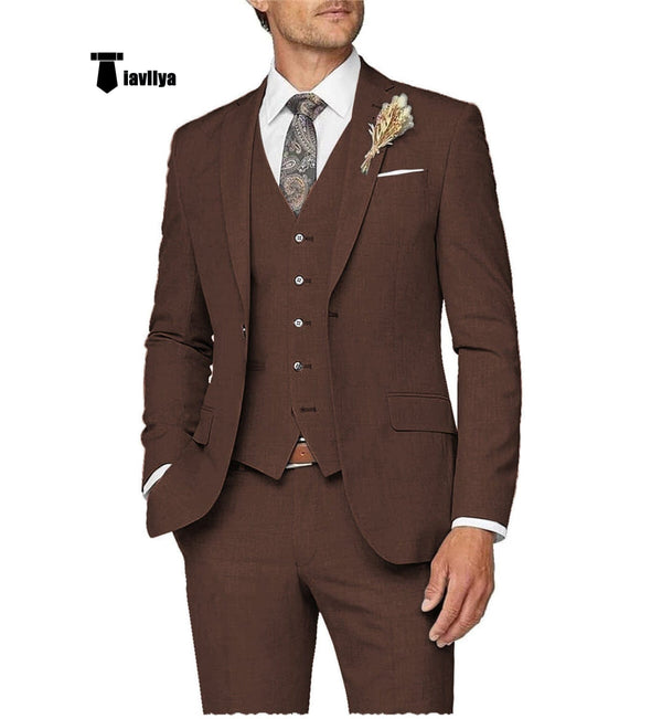 Tiavllya Casual Men's 3 Pieces Mens Suit Notch Lapel Linen For Wedding (Blazer+vest+Pants)