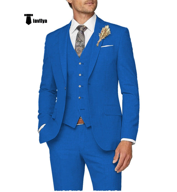 Tiavllya Casual Men's 3 Pieces Mens Suit Notch Lapel Linen For Wedding (Blazer+vest+Pants)