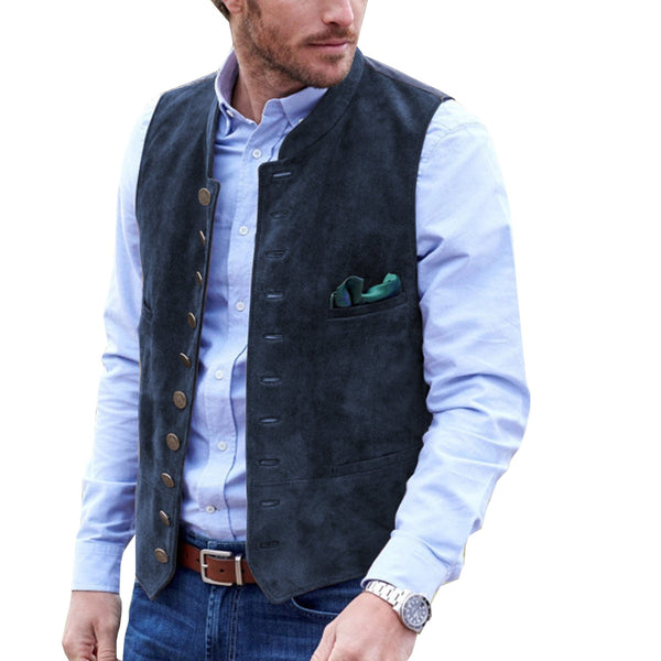 Tiavllya Casual Men's Classic Suede Stand Collar Waistcoat Denim Vest