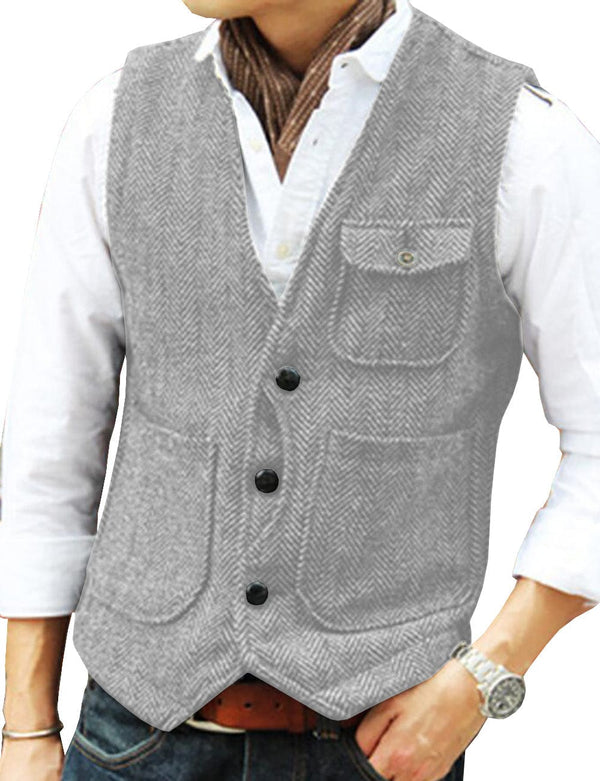 Tiavllya Casual Men's Slim Fit Herringbone V Neck Waistcoat