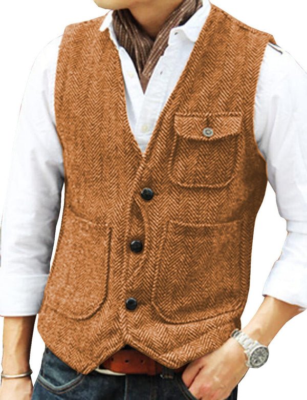 Tiavllya Casual Men's Slim Fit Herringbone V Neck Waistcoat