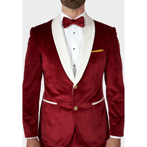 Tiavllya Classic Men's 2-Piece Red Velvet Shawl Collar Wedding Suit (Blazer+Pants)