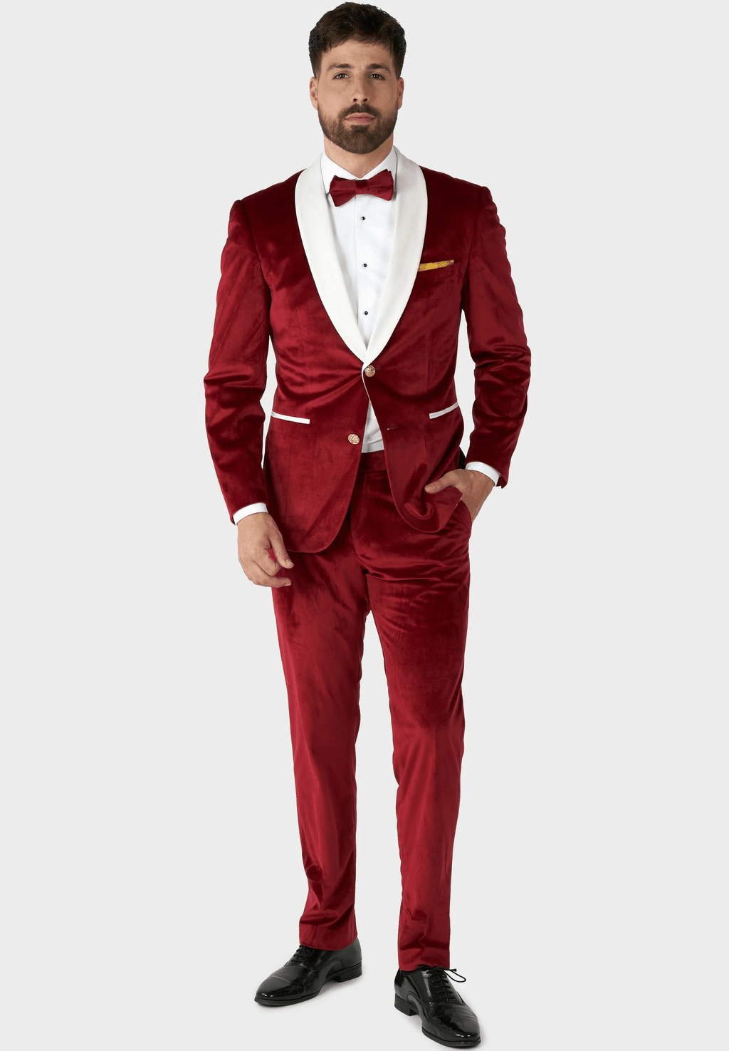 Tiavllya Classic Men's 2-Piece Red Velvet Shawl Collar Wedding Suit (Blazer+Pants)