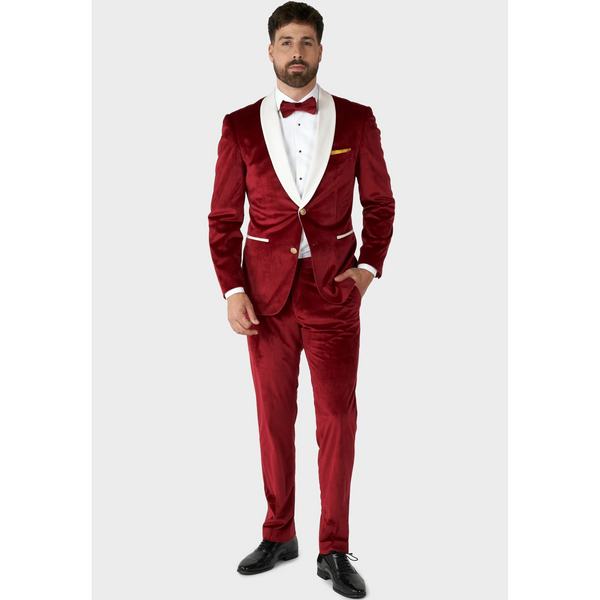 Tiavllya Classic Men's 2-Piece Red Velvet Shawl Collar Wedding Suit (Blazer+Pants)