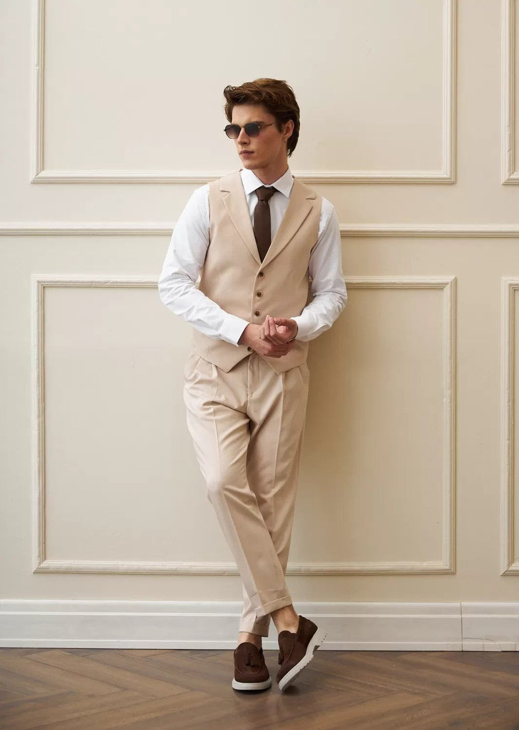 Tiavllya Fashion 2 Pieces Mens Beige Suit Flat Notch Lapel Vest Suit For Wedding (Vest + Pants)
