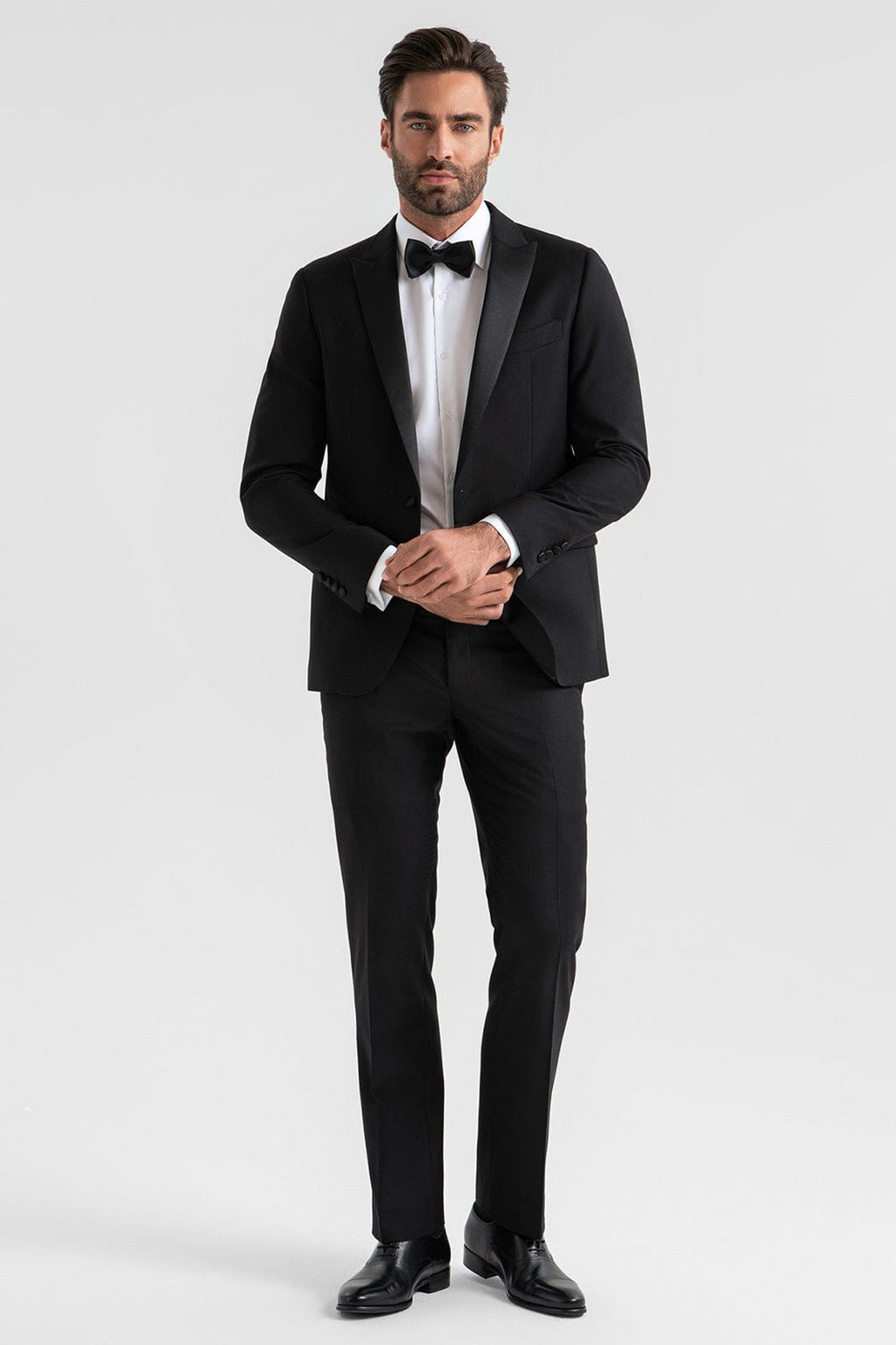 Tiavllya Fashion 2 Pieces Mens Black Suit Flat Peak Lapel Tuxedos For Wedding (Blazer+Pants)