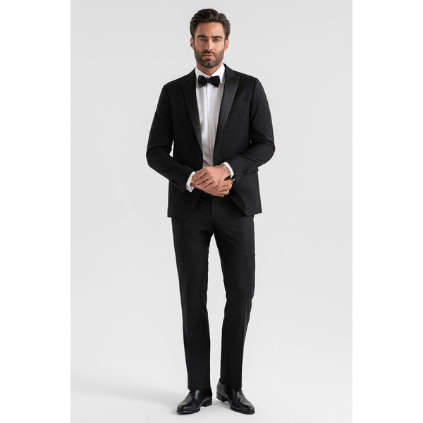 Tiavllya Fashion 2 Pieces Mens Black Suit Flat Peak Lapel Tuxedos For Wedding (Blazer+Pants)