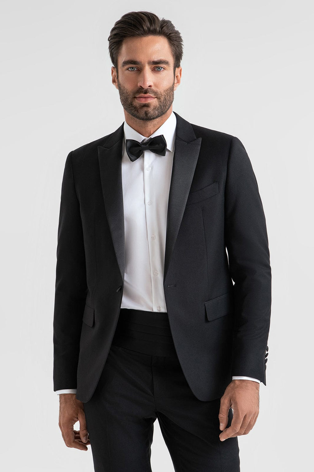 Tiavllya Fashion 2 Pieces Mens Black Suit Flat Peak Lapel Tuxedos For Wedding (Blazer+Pants)