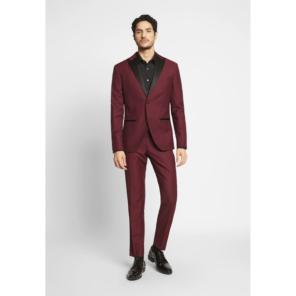 Tiavllya Fashion 2 Pieces Mens Burgundy Suit Flat Peak Lapel Tuxedos For Wedding (Blazer+Pants)