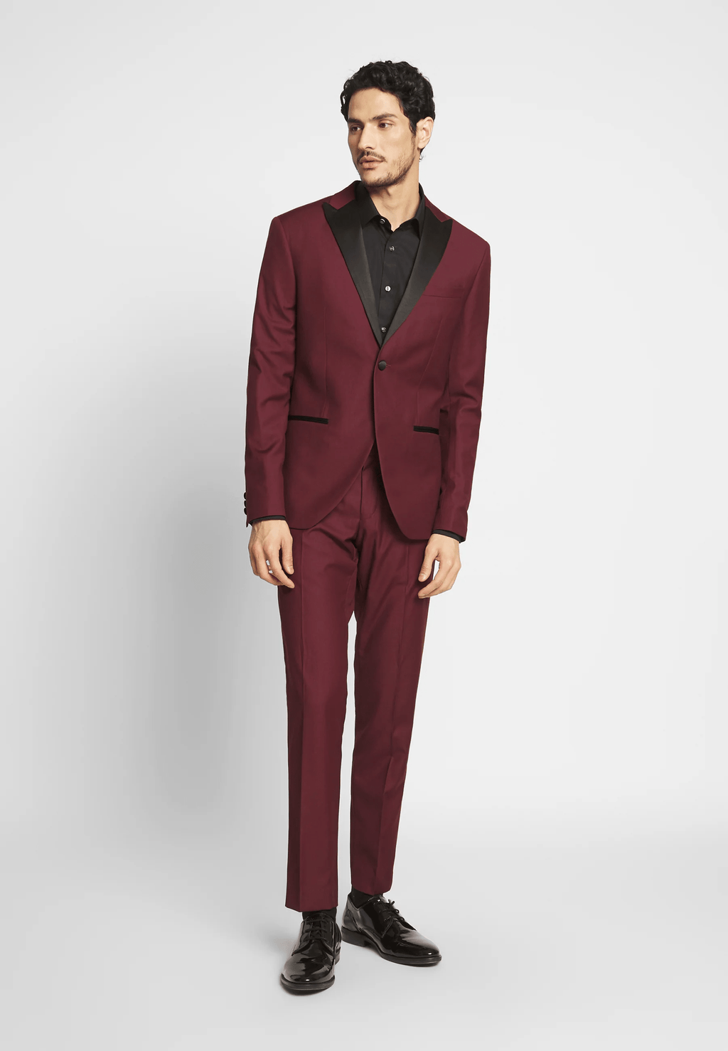 Tiavllya Fashion 2 Pieces Mens Burgundy Suit Flat Peak Lapel Tuxedos For Wedding (Blazer+Pants)