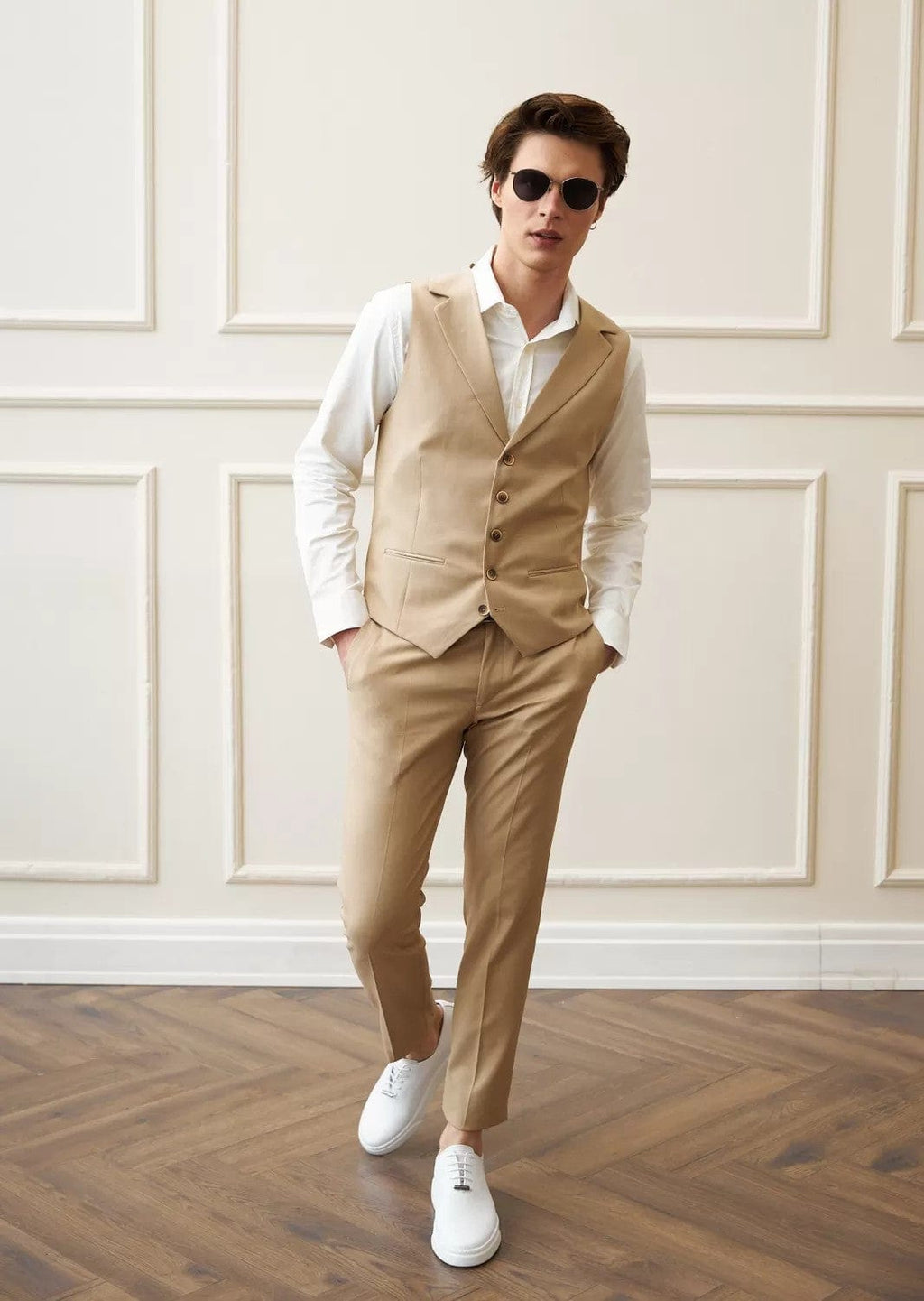 Tiavllya Fashion 2 Pieces Mens Champagne Suit Flat Notch Lapel Vest Suit For Wedding (Vest + Pants)